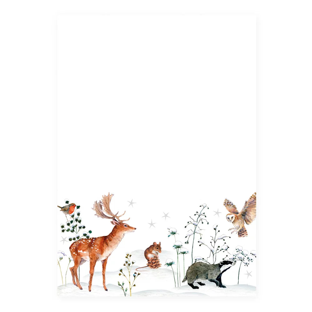 Whimsical winter-themed notepad featuring watercolor deer, owl, and small animals on a snowy background.