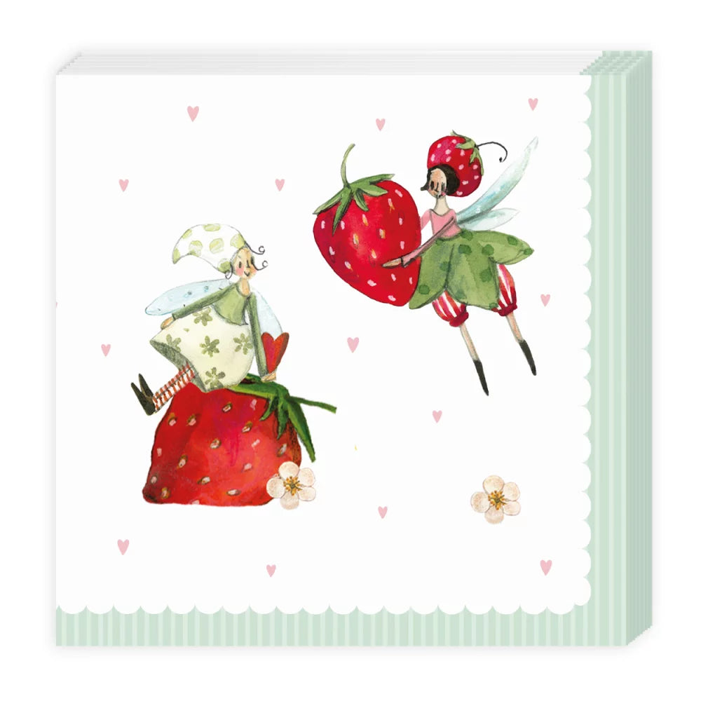 Whimsical fairy-themed napkins featuring strawberries, colorful illustrations, and a cute pastel design.