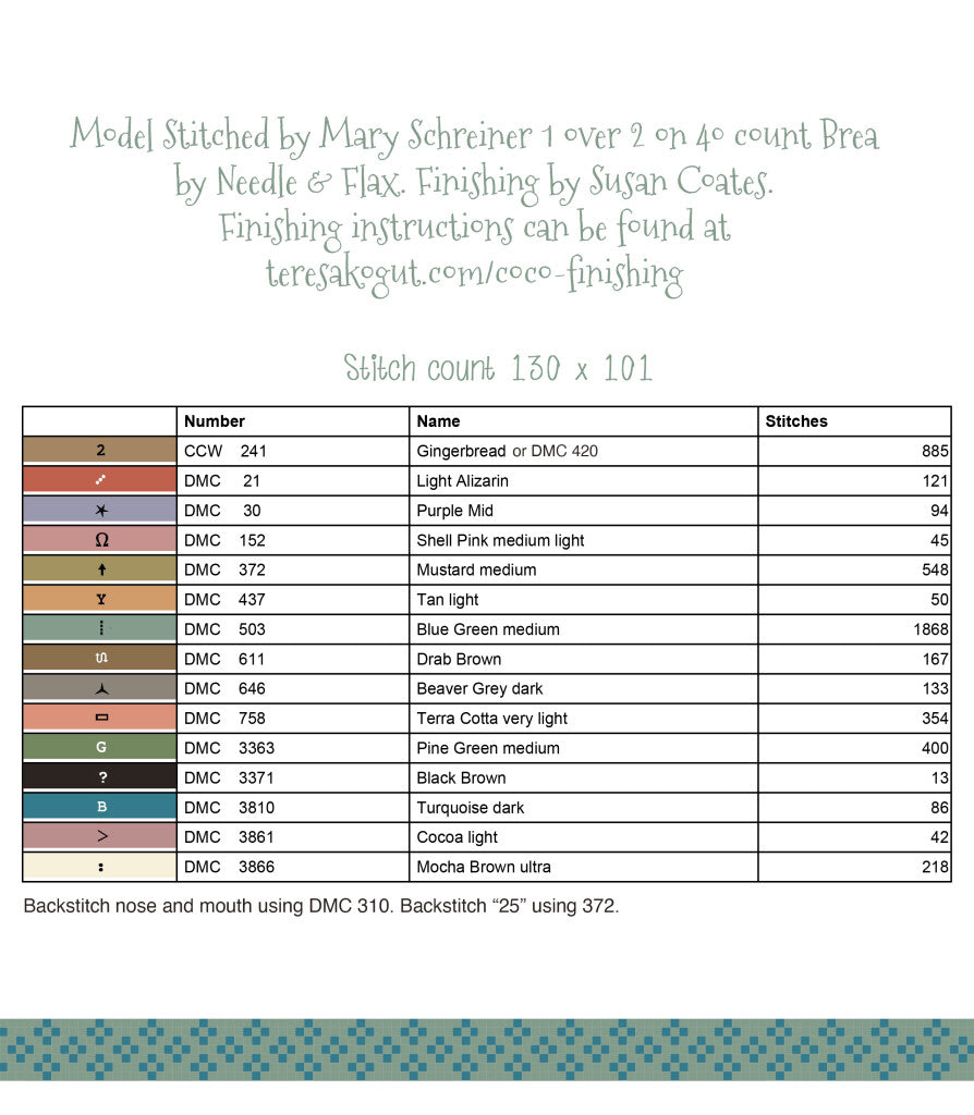 Cross-stitch pattern, 130x101 stitches, featuring vibrant colors on 40 count Brea Flax fabric.