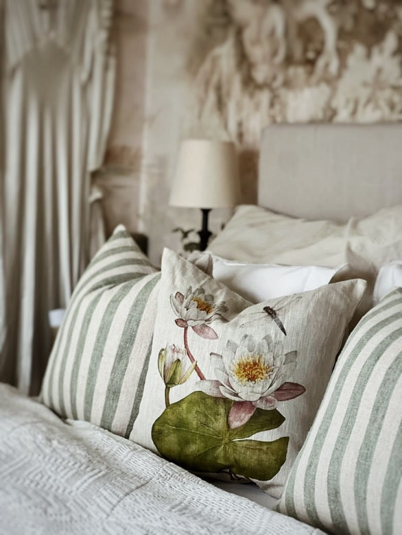 Emma Sjodin: Linen Cushion Cover, Waterlily and Dragonfly