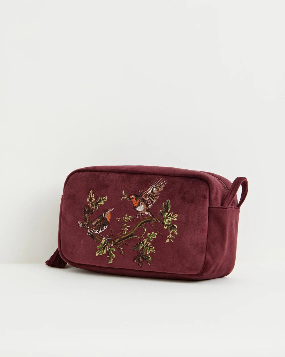 Fable England Robin Love Embroidered Pouch Redcurrent Velvet