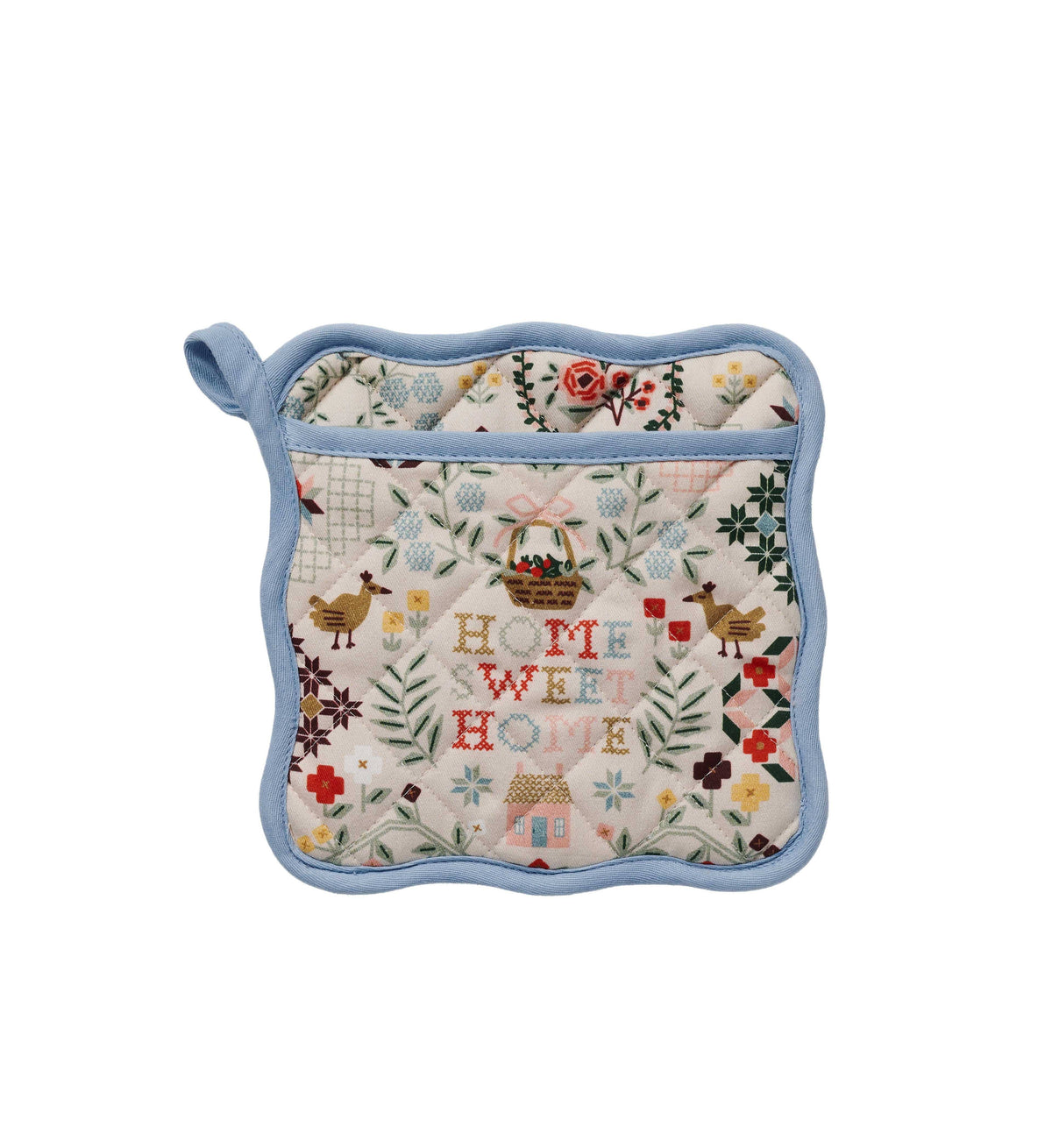 Quilted pot holder featuring 'Home Sweet Home' design, multicolor floral patterns, and blue trim.
