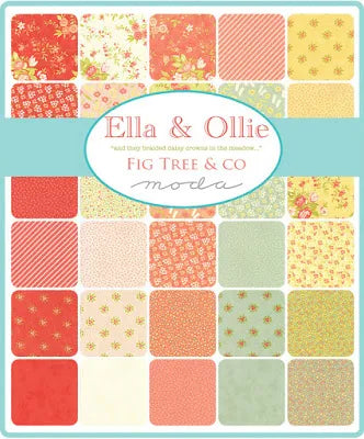 Ella & Ollie fabric assortment by Fig Tree & Co, featuring floral patterns in coral, cream, and pastel colors.
