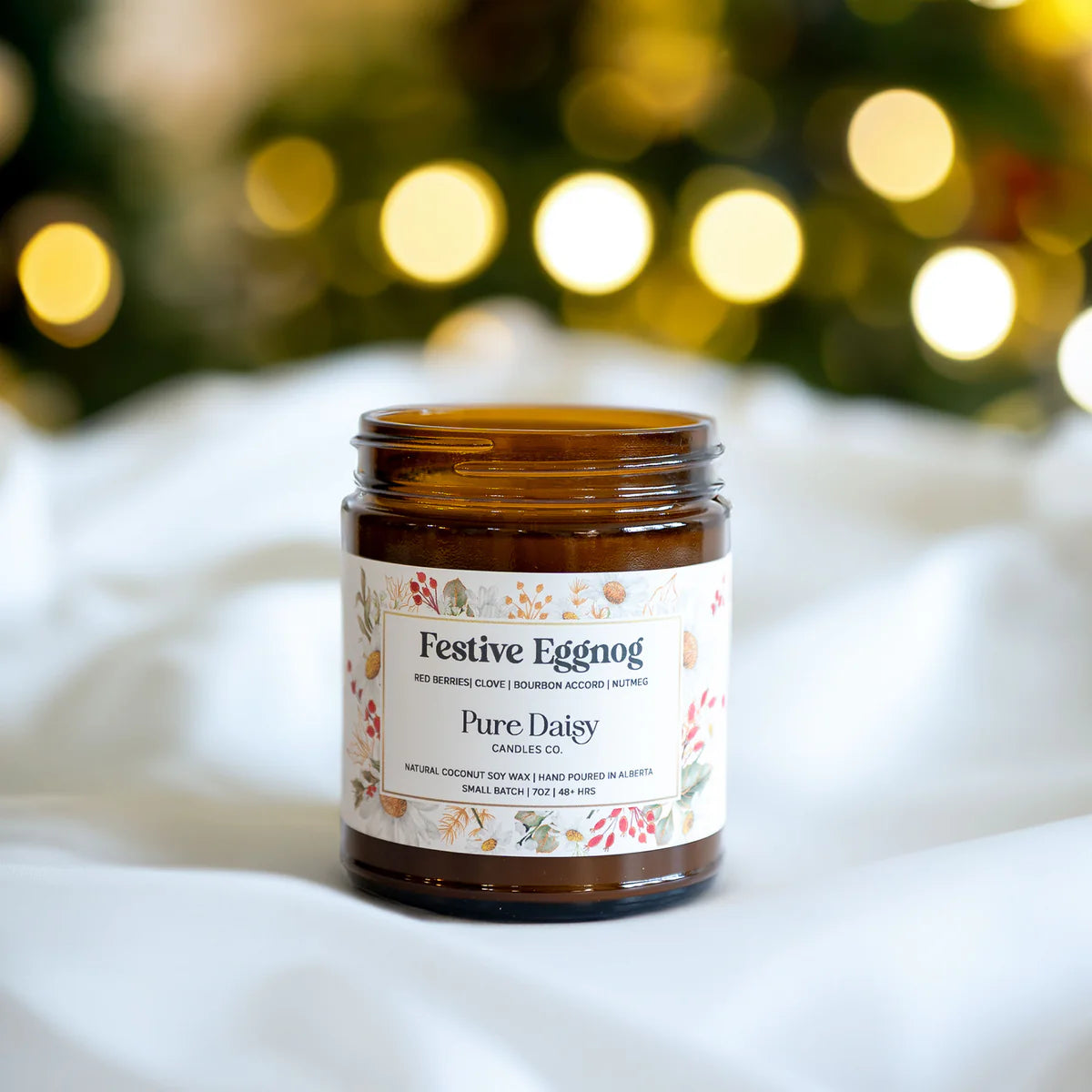 Festive Eggnog candle in amber jar, natural coconut soy wax, 7 oz, hand poured, warm holiday scent.
