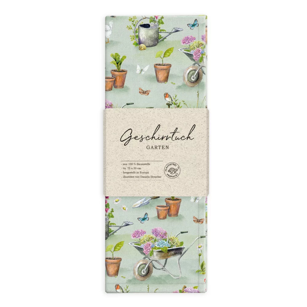 Garten Geschirrtuch, 100% cotton, green, features garden-themed illustrations of plants and tools, 70x50 cm.