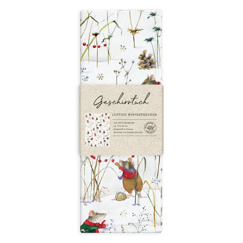 Whimsical winter-themed dish towel featuring playful mice, 70x50 cm, made from 100% cotton, designed in Europe.