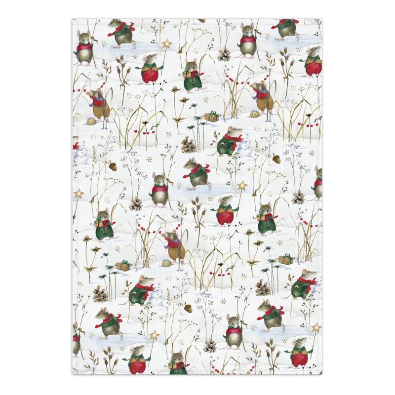 Whimsical winter-themed fabric featuring cute mice in red and green outfits on a white background.