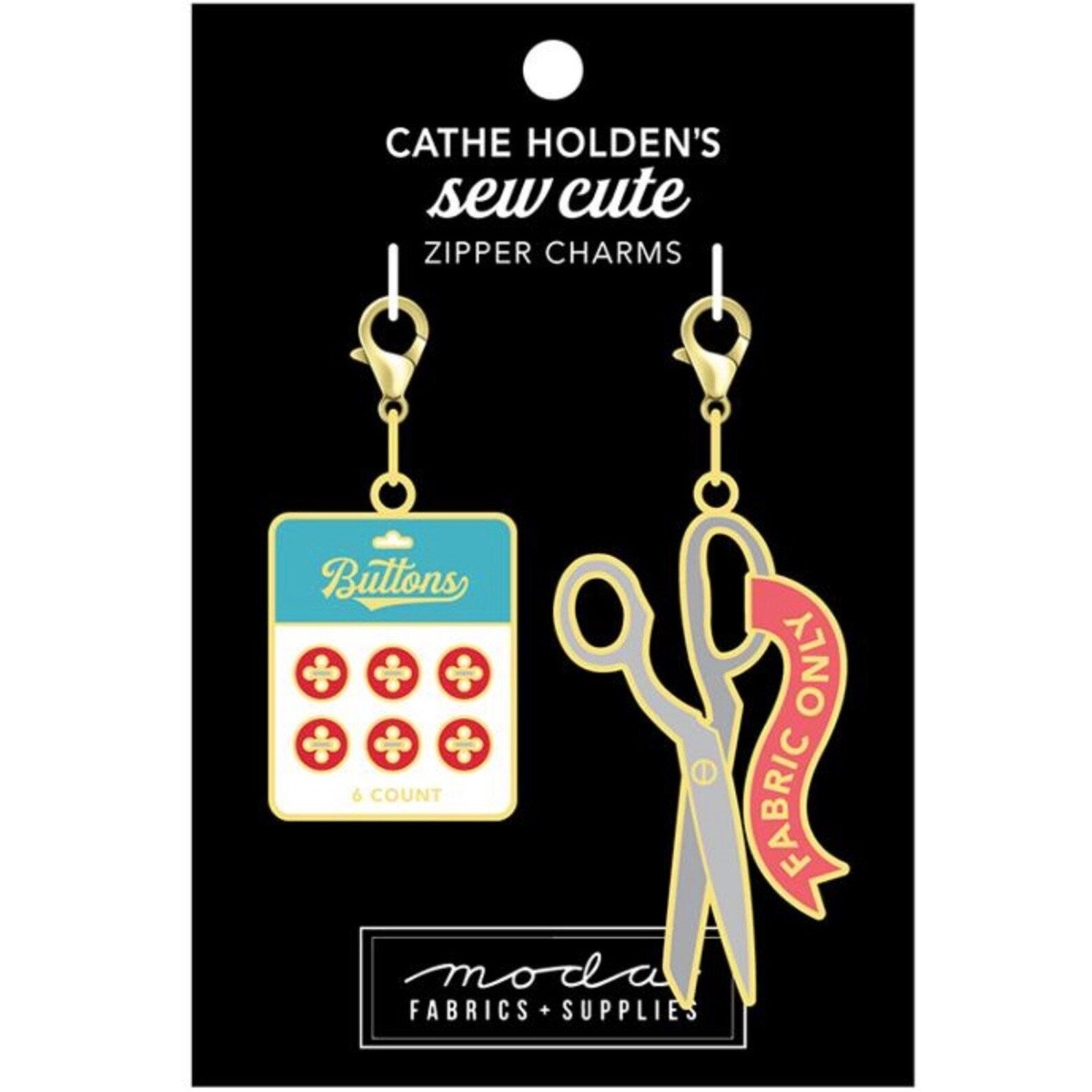 Sew Cute zipper charms featuring buttons and scissors, gold metal with colorful designs.