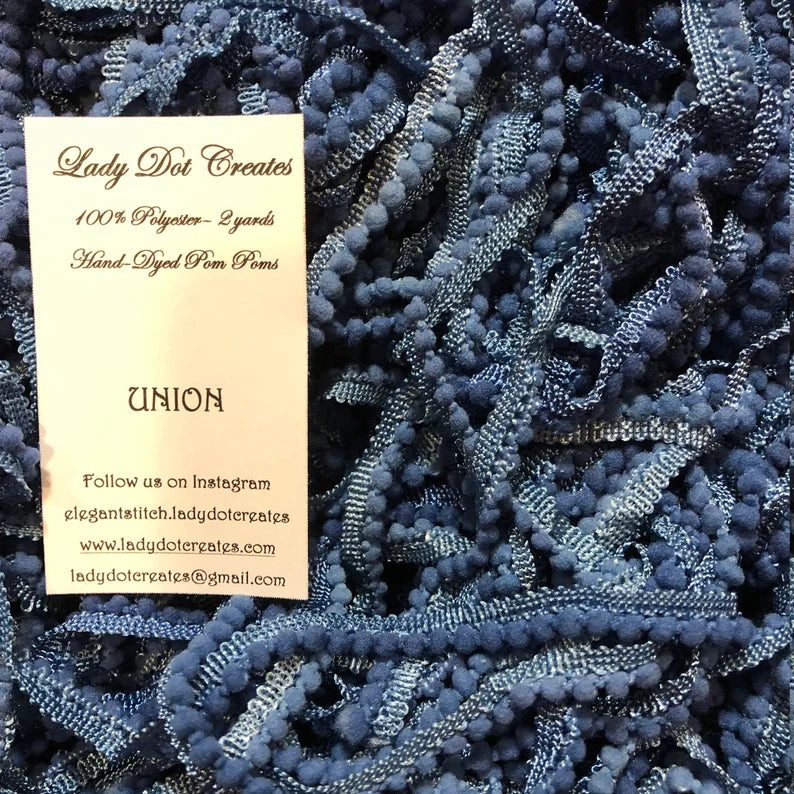 Hand-dyed blue polyester pom pom trim, 2 yards from Lady Dot Creates.
