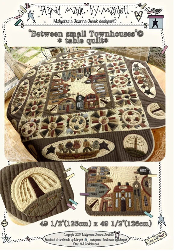 Handmade 'Between Small Townhouses' quilt, 49.5" square, featuring charming town scenes on brown background.