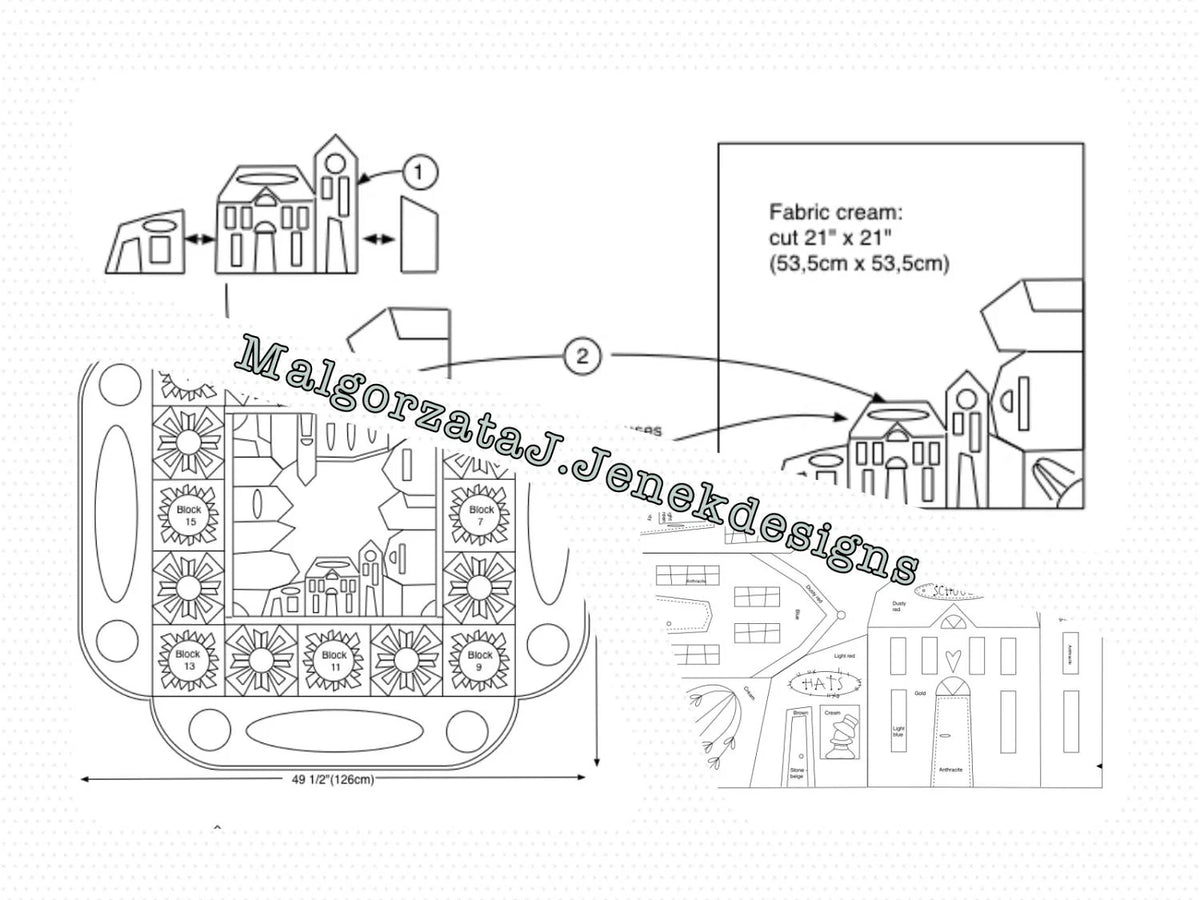 Quilt pattern design with cream fabric layout, showing blocks and cutting instructions for a cozy project.