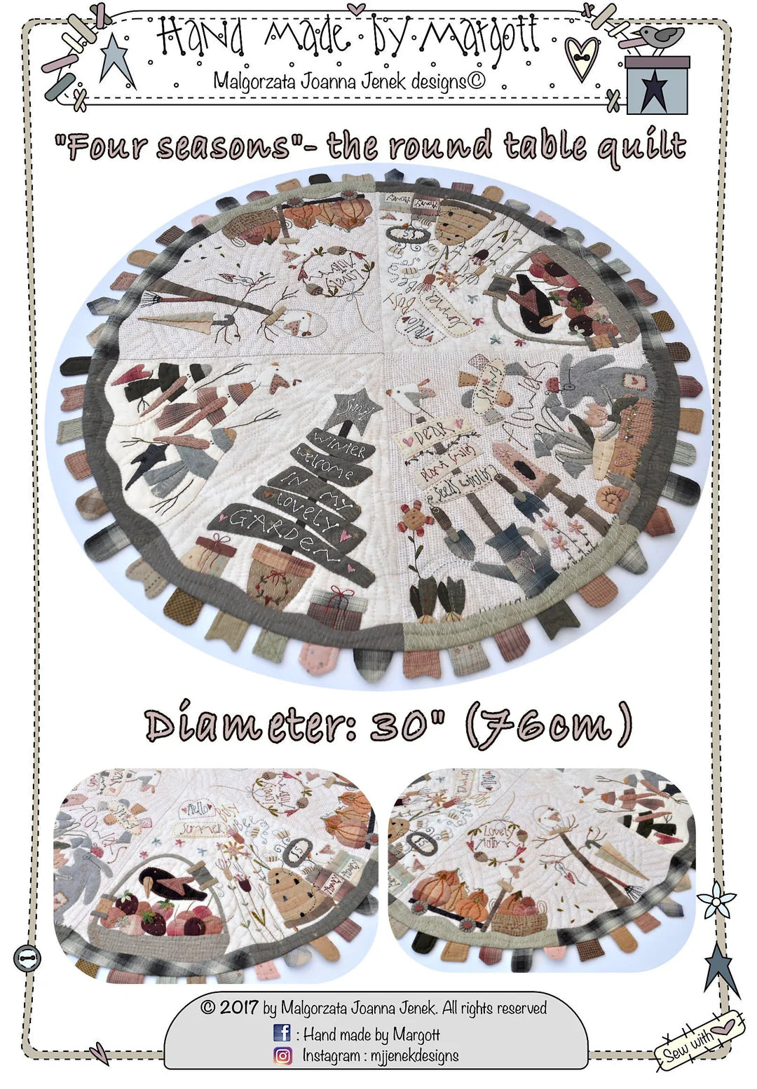 30-inch round quilt featuring seasonal designs, handmade from cotton with detailed embroidery.