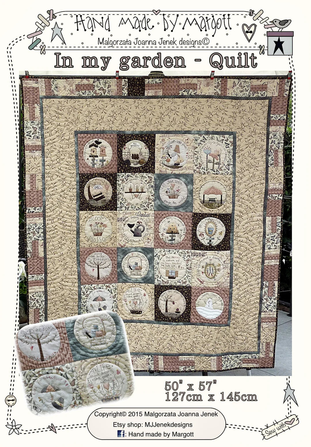Handmade quilt titled 'In My Garden', 50" x 57", featuring floral patterns and garden-themed designs.