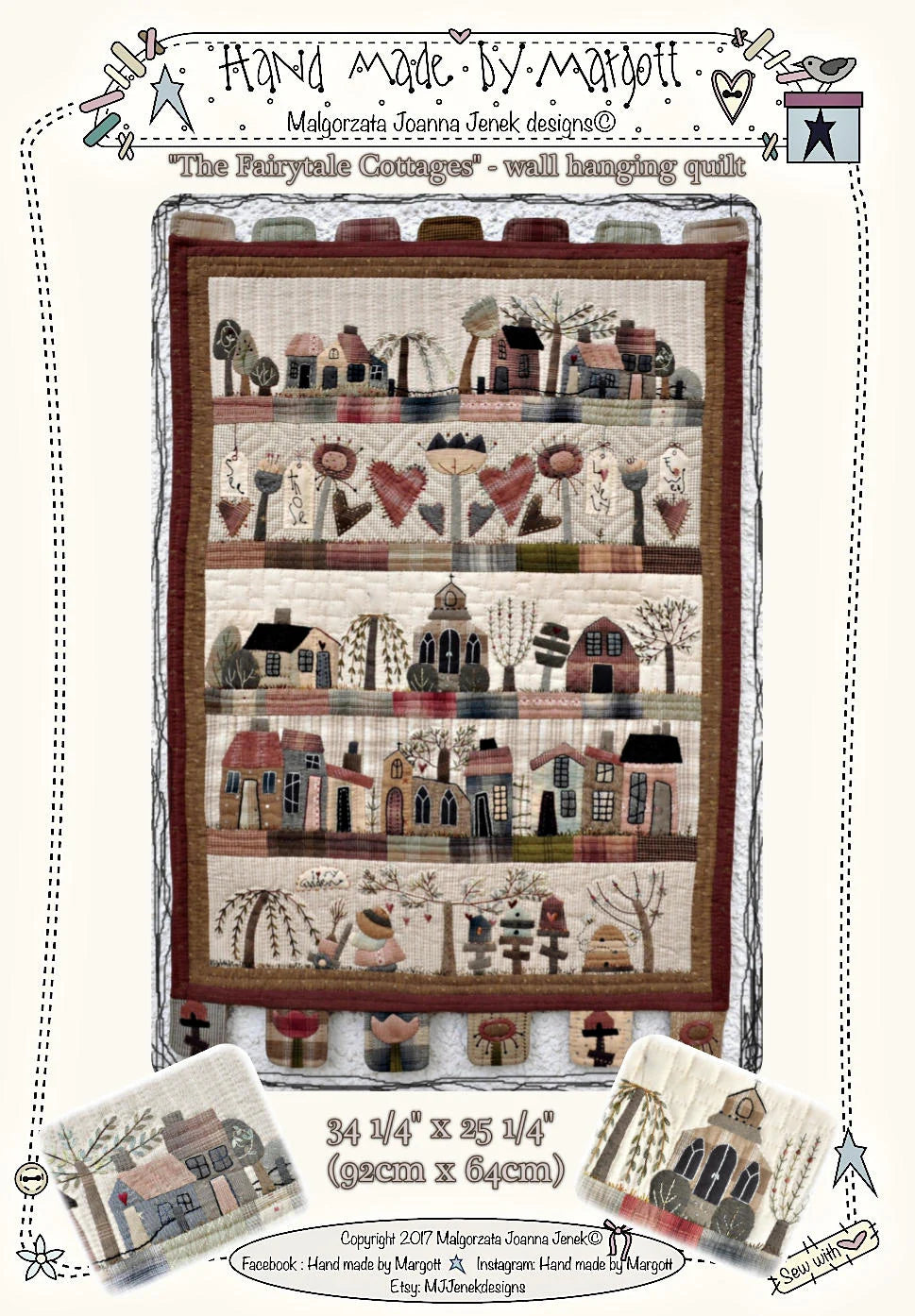 Handmade wall hanging quilt 'The Fairytale Cottages', 34.25 x 25.25 inches, fabric with charming cottage designs.