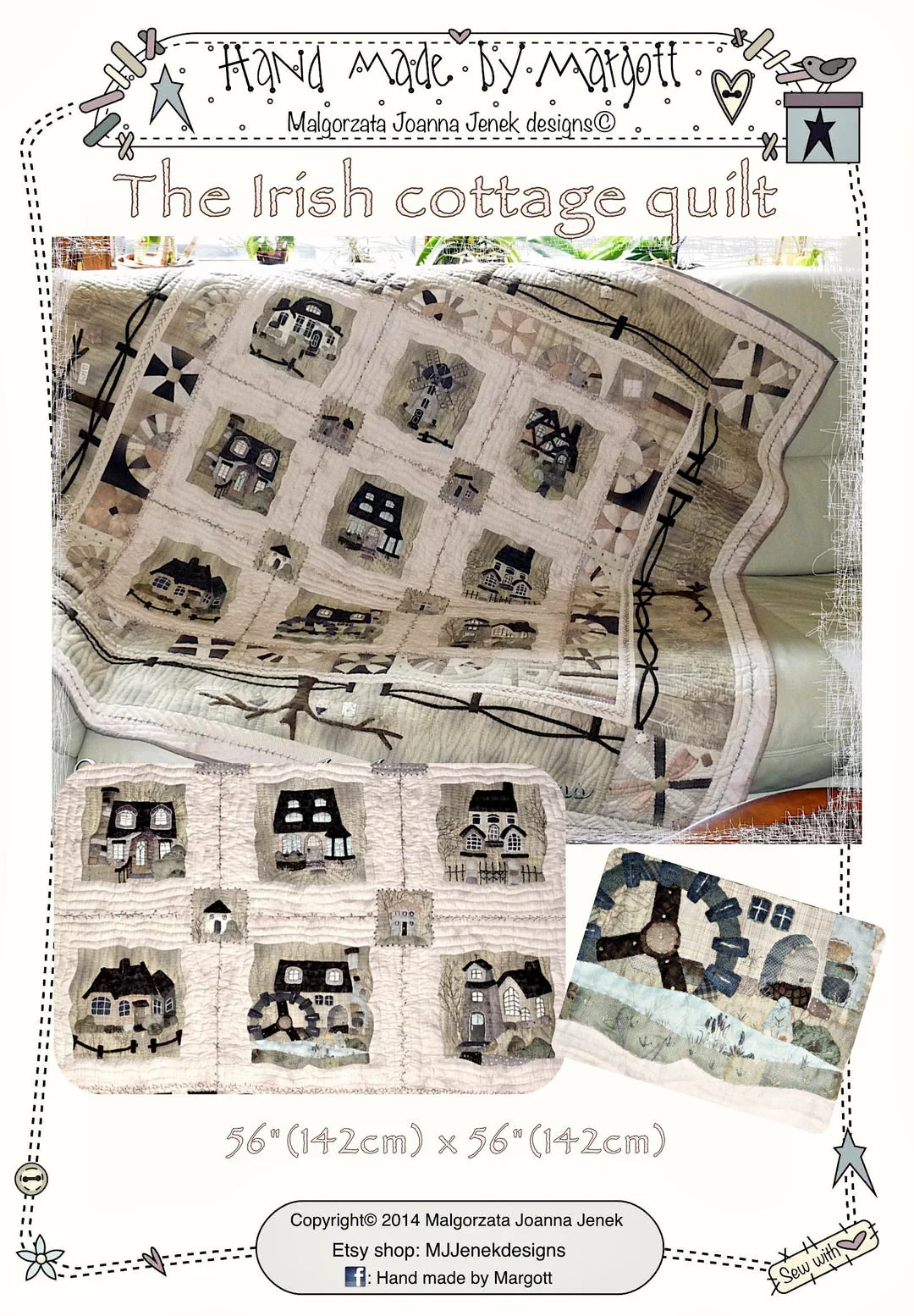 Handmade Irish cottage quilt, 56"x56", featuring charming house motifs in neutral tones.
