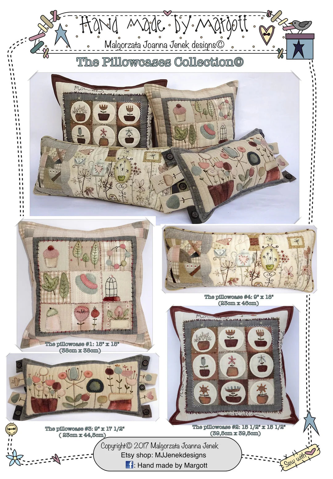 Handmade quilted pillowcases in various floral designs, colors include beige, red, and green, sizes vary.