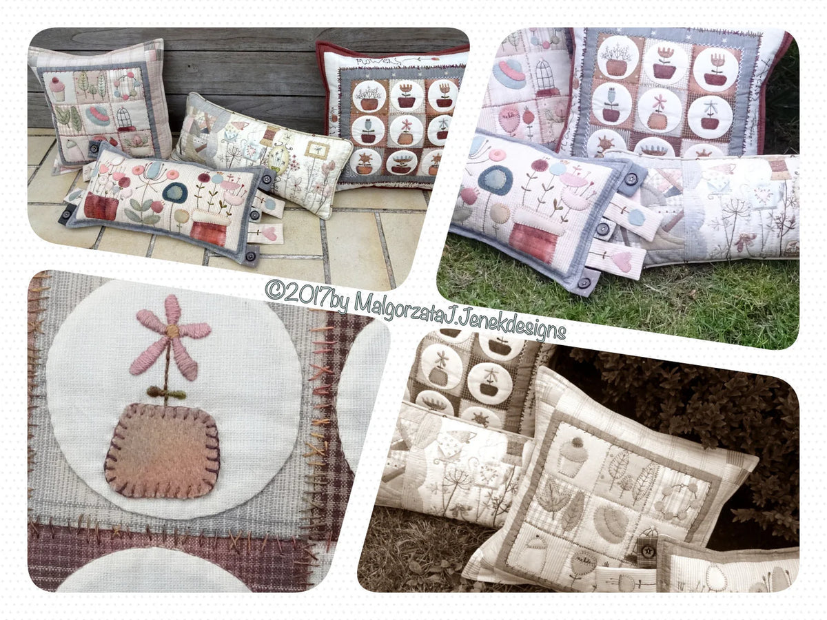 Set of decorative throw pillows in earthy tones, featuring floral and plant designs, made of quilted fabric.
