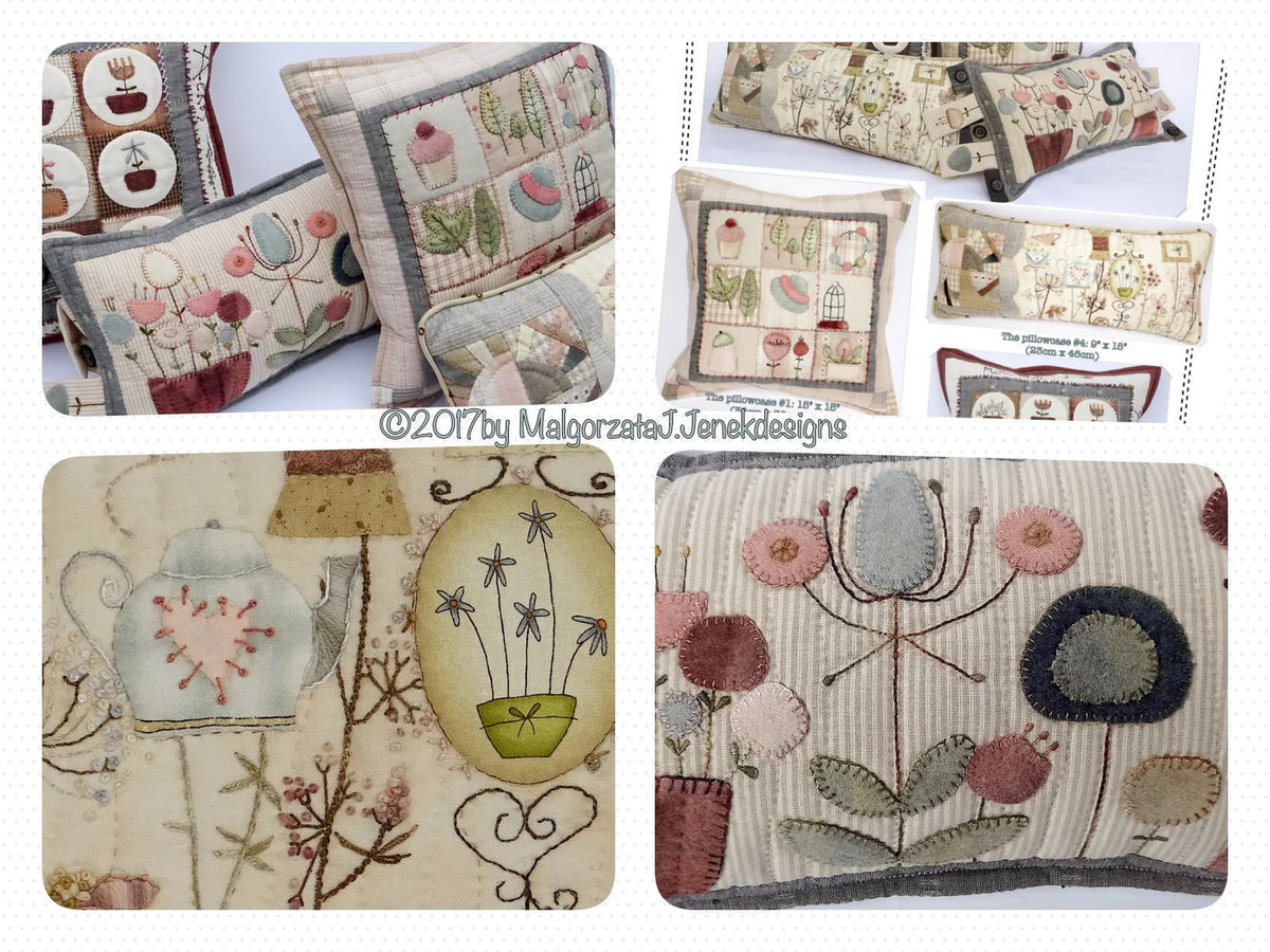Assorted decorative pillows featuring floral and plant designs, made of soft fabric in pastel colors.