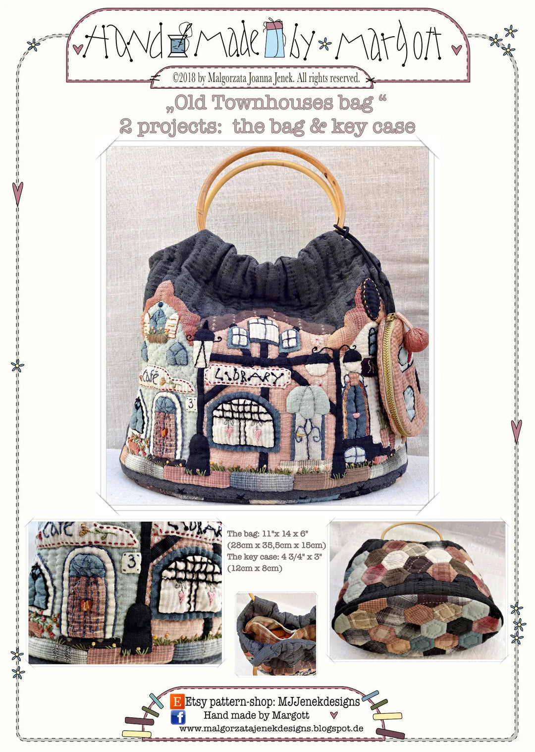 Old Townhouses bag in multicolor, quilted fabric with wooden handles, includes matching key case.