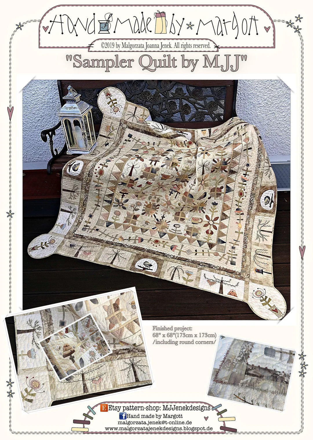 Handmade sampler quilt by M.J.J, beige and brown with floral patterns, 68x68 inches.