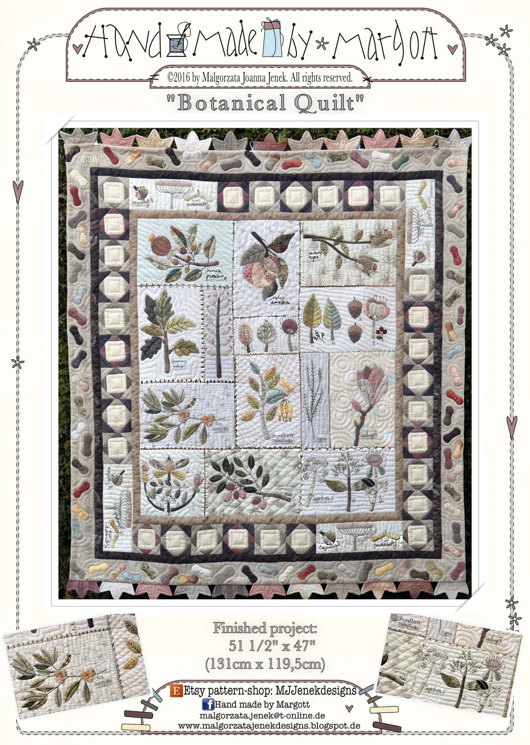 Handmade botanical quilt, features intricate nature motifs, measures 51.5" x 47" in soft colors.