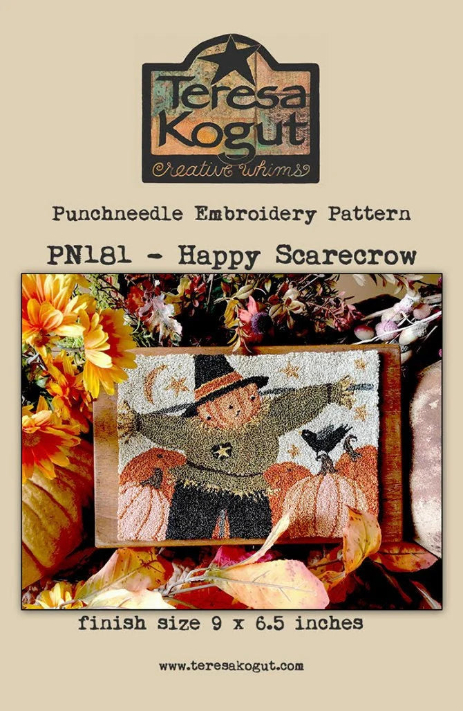 Happy Scarecrow punchneedle embroidery pattern, 9 x 6.5 inches, vibrant colors and festive fall design.