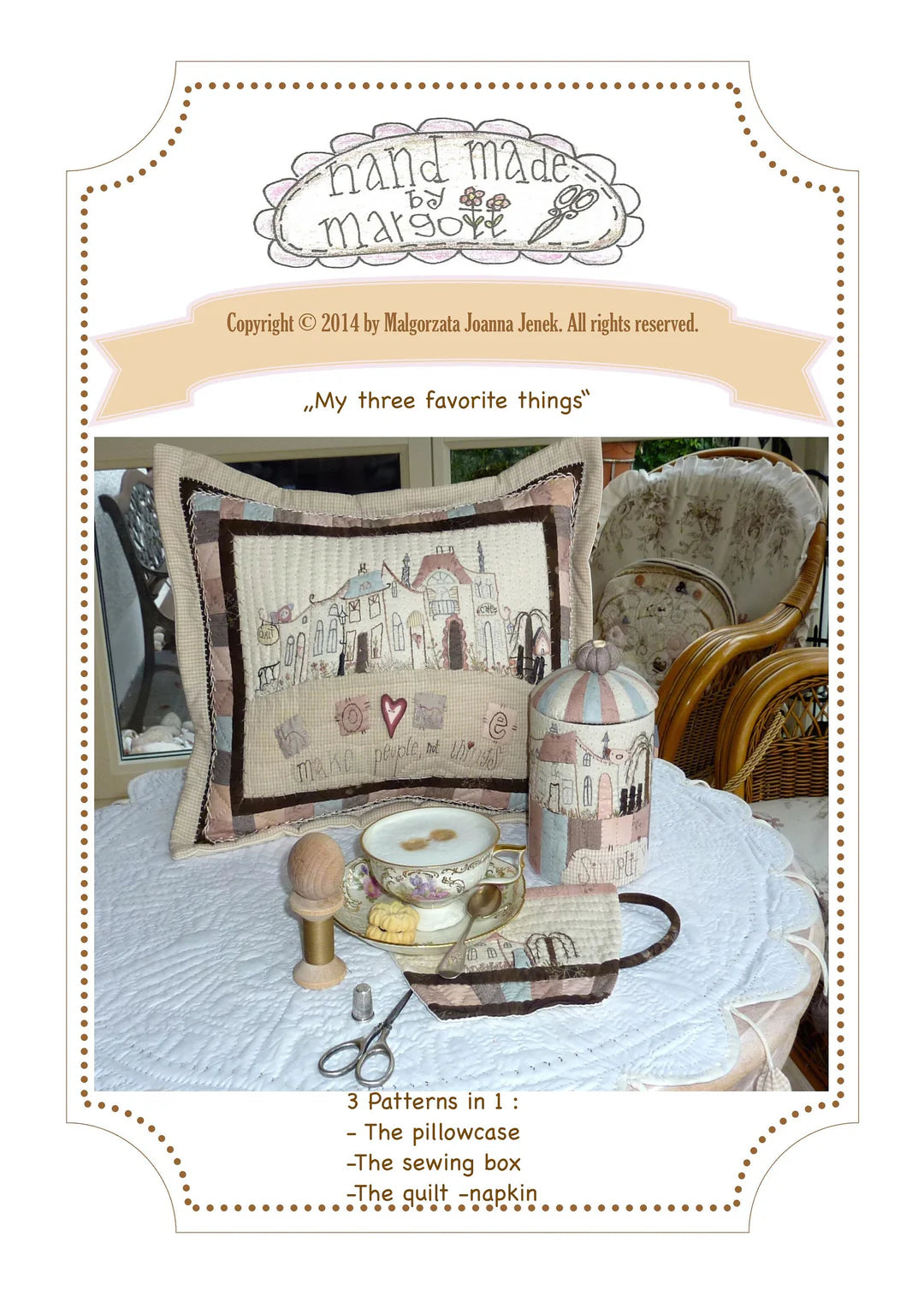 Handmade sewing set featuring a quilted pillow, sewing box, and napkin in soft pastel colors.