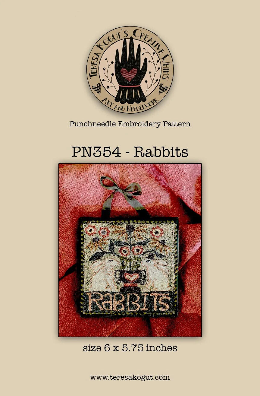 Punchneedle embroidery pattern featuring rabbits, 6 x 5.75 inches, vibrant floral design.