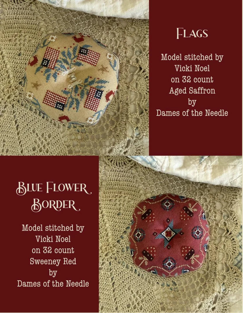Hand-stitched double-sided needlework, 'Flags' on Aged Saffron, and 'Blue Flower Border' on Sweeney Red.
