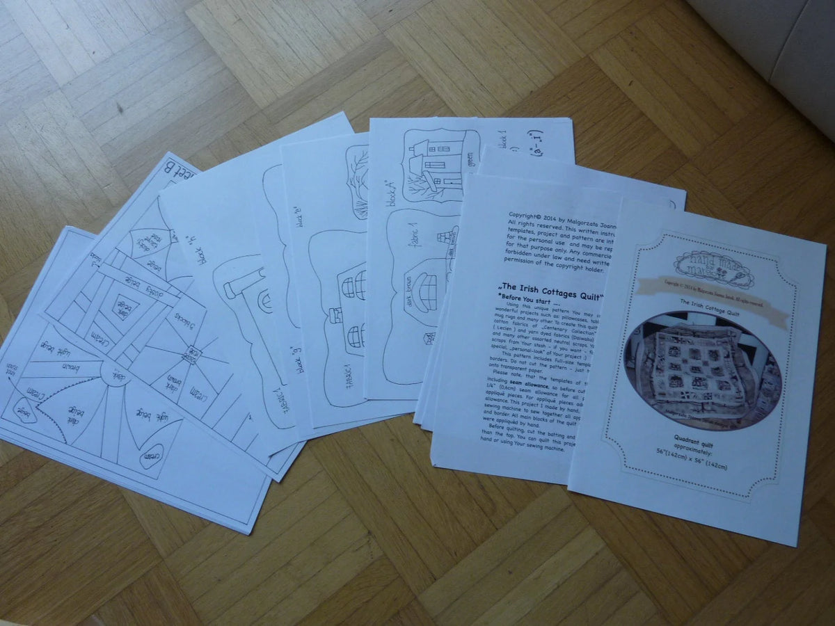 Design patterns and instructions for the Irish Cottages Quilt, printed on white paper sheets.
