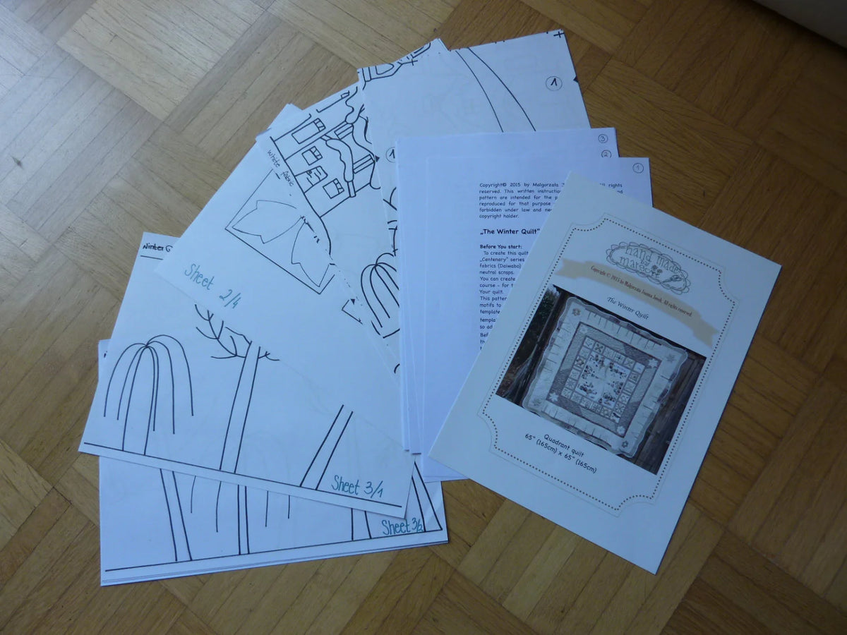 Winter Quilt pattern set with instructional sheets and coloring pages, featuring winter-themed designs.