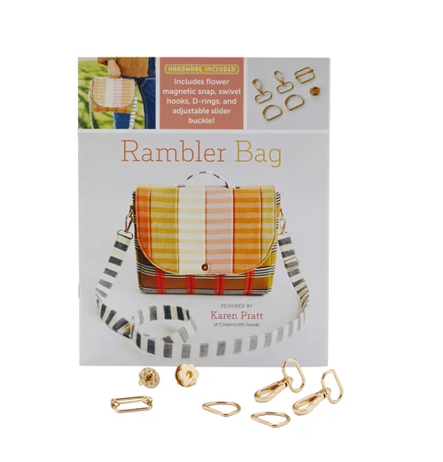Rambler Bag kit by Karen Pratt, features striped design, includes hardware like snaps and D-rings.