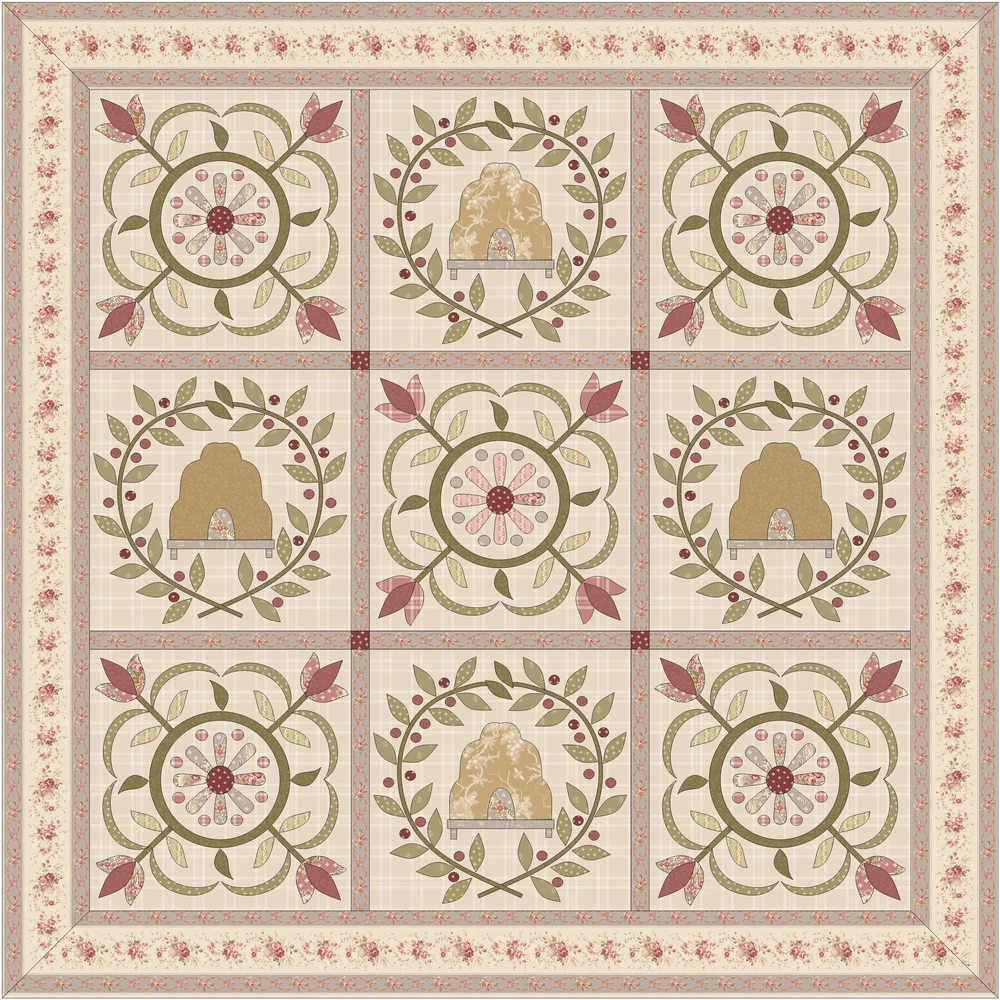 Floral patchwork quilt, beige with green and pink accents, featuring intricate patterns and a vintage design.