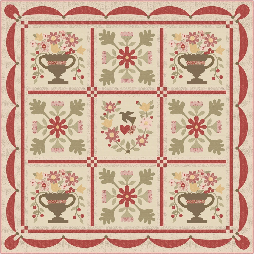 Floral quilt pattern with vases, red and green hues, ideal for home decor and crafting projects.