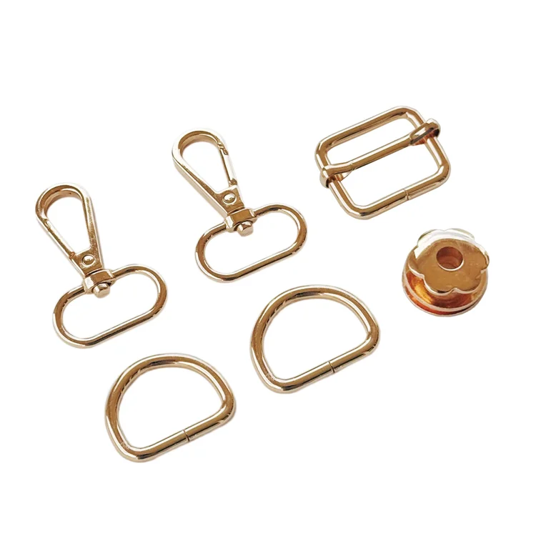 5-piece gold metal hardware set, including clips, rings, and a buckle for crafting and bag making.