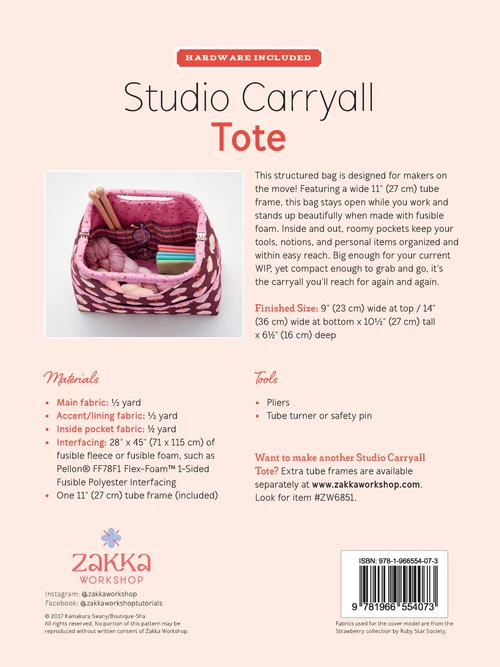 Studio Carryall Tote, pink fabric, 11" (27 cm) tube frame, roomy pockets, structured design for makers.