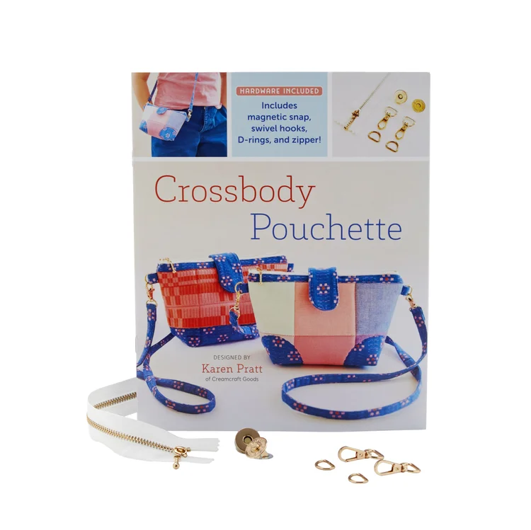 Crossbody Pouchette sewing kit in colorful fabric with included hardware, designed by Karen Pratt.