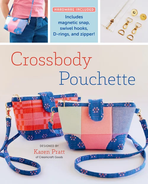 Colorful crossbody pouchette bags designed by Karen Pratt, featuring a magnetic snap and included hardware.