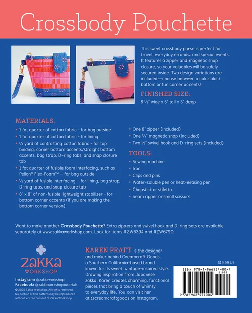 Crossbody pouchette in pink and blue cotton, 8.5"x5"x3", with magnetic snap closure and zipper.