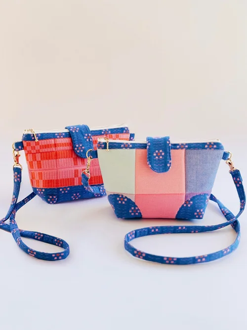 Colorful patchwork crossbody bags in pink, blue, and red with adjustable straps and zip closures.