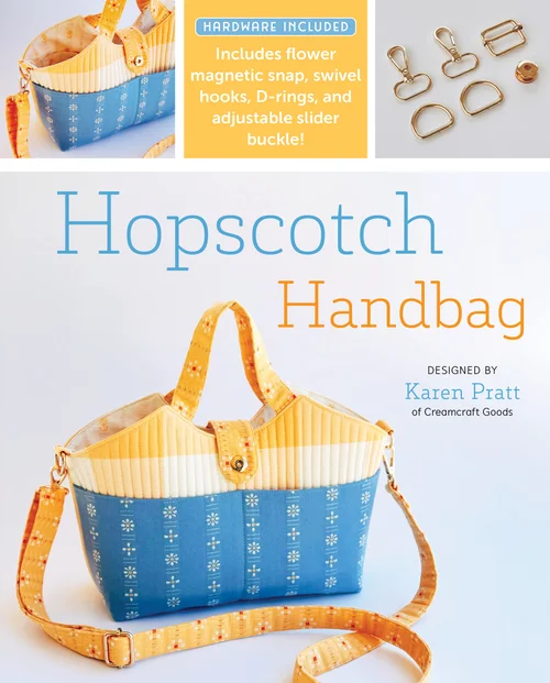 Hopscotch Handbag by Karen Pratt, blue and yellow fabric, includes hardware like snaps and adjustable buckle.