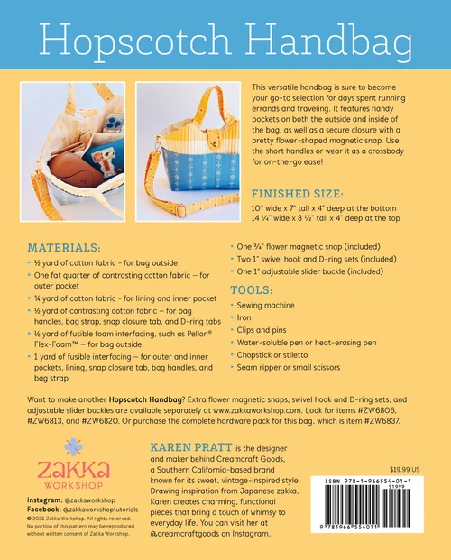 Hopscotch Handbag, 10" wide, blue cotton fabric, versatile design with magnetic snap and adjustable strap.