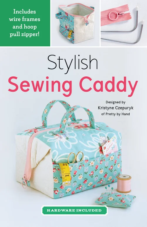 Stylish sewing caddy with turquoise floral design, includes wire frames and pull zipper, perfect for organization.