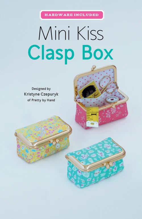 Three Mini Kiss Clasp Boxes in colorful floral patterns, featuring gold hardware and designed by Kristyne Czeputyk.