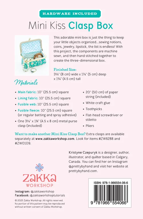 Mini Kiss Clasp Box sewing project, turquoise fabric, 3.75" x 1.5" x 1.25", includes hardware and instructions.