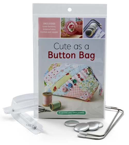 Cute as a Button Bag sewing kit, includes buttons, frames, and zipper in colorful patchwork design.