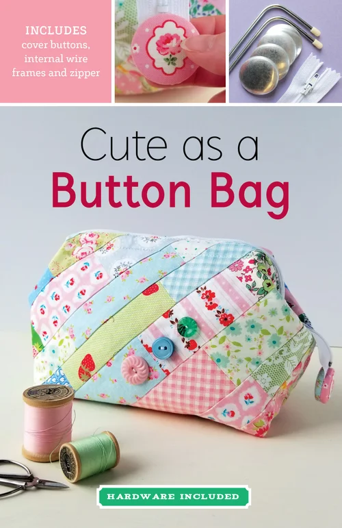 Colorful quilted button bag with zipper, includes hardware and cover buttons, ideal for crafting.