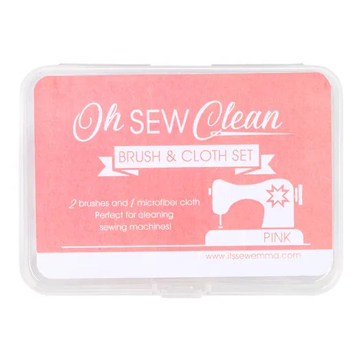 Oh Sew Clean Brush & Cloth Set in pink, includes 2 brushes and a microfiber cloth for cleaning sewing machines.