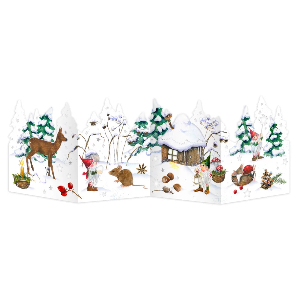 Whimsical winter scene pop-up card featuring deer, mice, and snowy trees, ideal for holiday greetings.