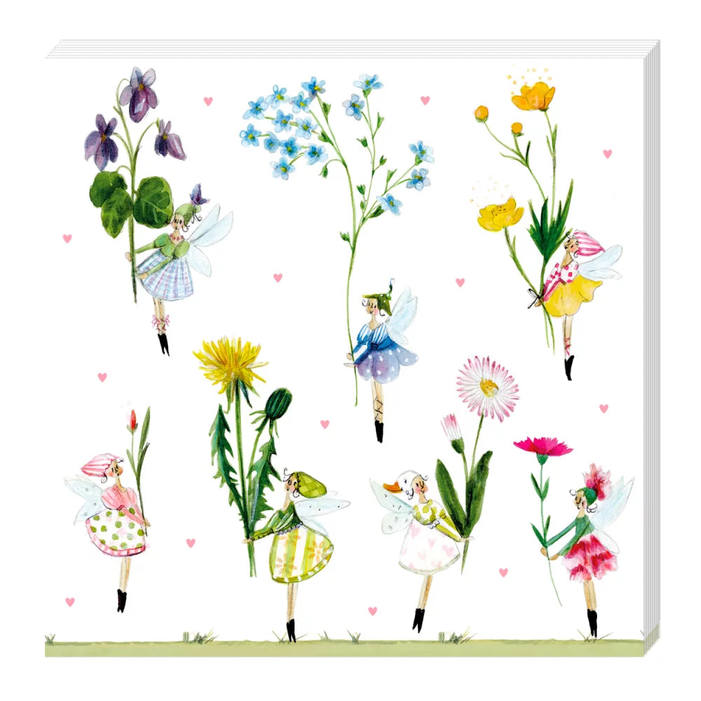 Colorful fairy illustration with flowers, featuring eight whimsical fairies holding various blooms.